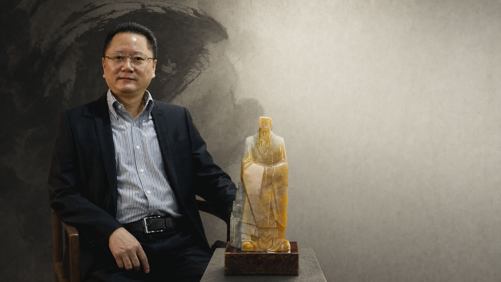 黄宝庆与寿山石雕作品合影